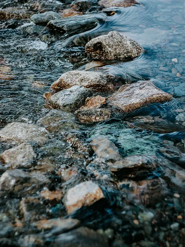 Ein fließender Bach schlängelt sich über Steine hinweg – ein perfektes Symbol für das Prinzip „Panta Rhei“. Wie das Wasser, das stetig in Bewegung bleibt, verändert sich auch das Leben ständig und findet immer neue Wege.